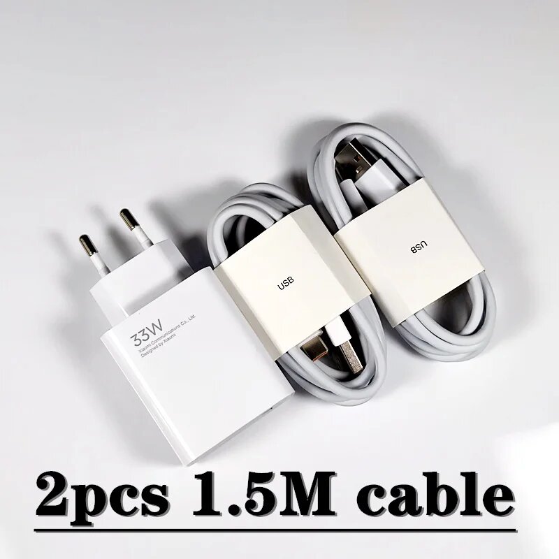Оригинальное быстрое зарядное устройство Xiaomi 33 Вт с европейской турбозарядкой 2 м 15 м кабель Type-C для Mi 10 9 10T Lite POCO X3 NFC Redmi K40 Note 9 10 Pro For mi 33w EU 2PCS 1.5M cable