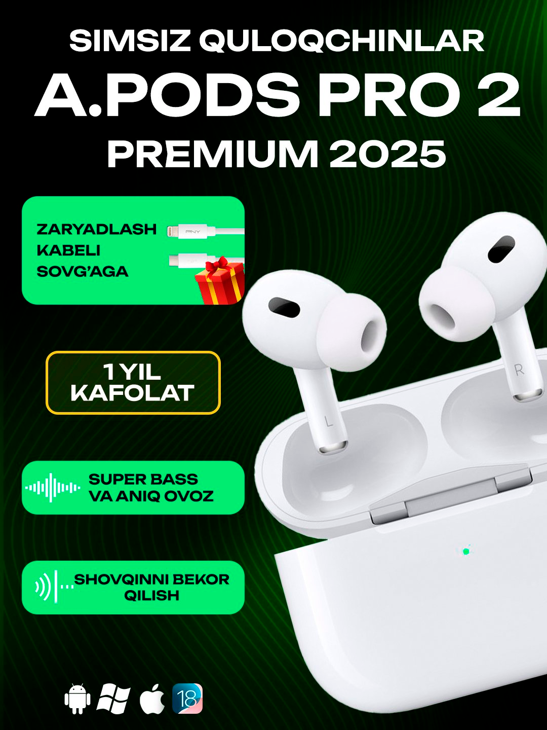 Наушники беспроводные Airpods Pro 2 , белый удобний версия для андироид айфон