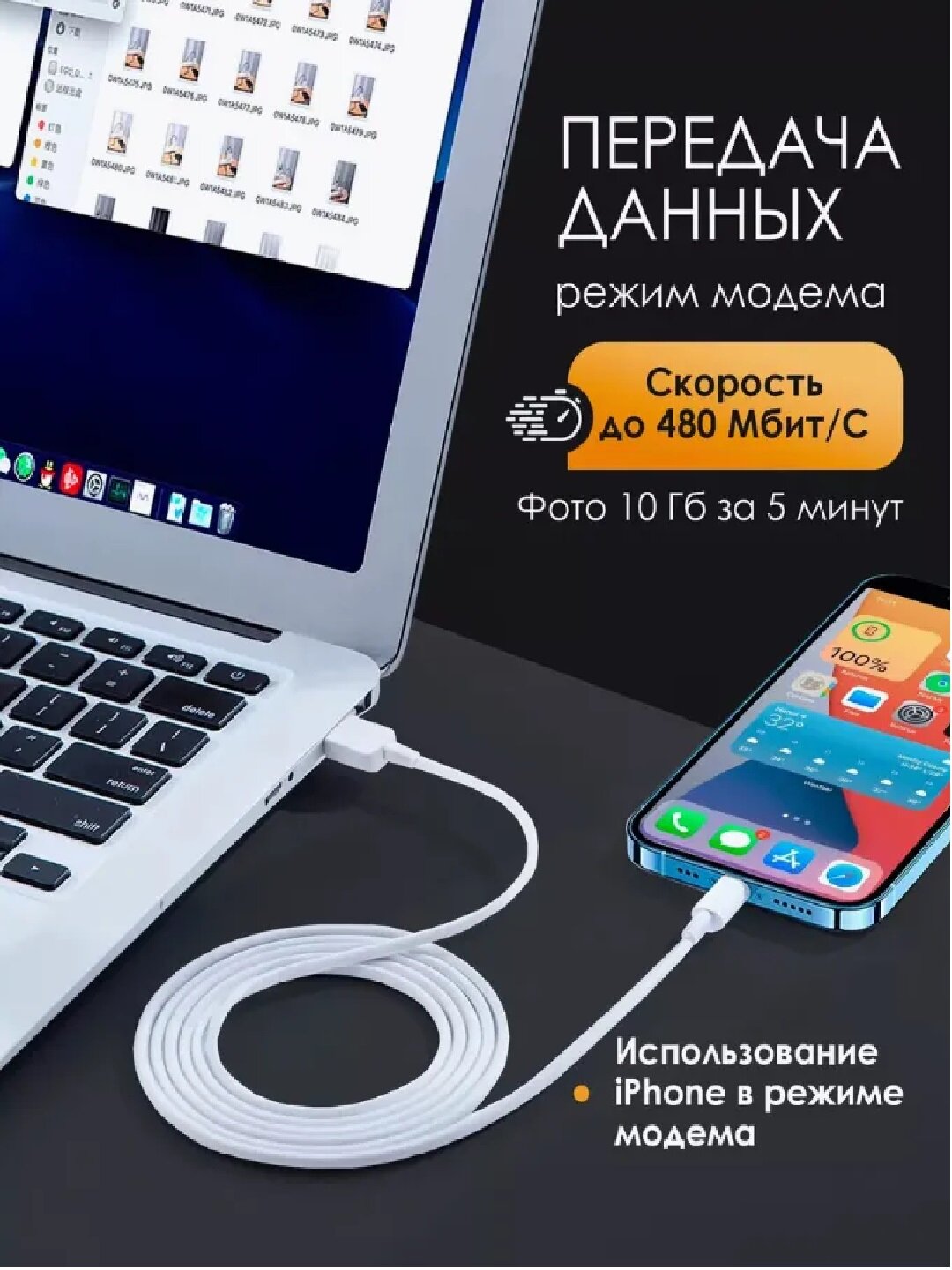 Кабель Быстрой Зарядки – для iPhone / Samsung (Lightning/Type-C, 1м/2м), Передача Данных — фото 1