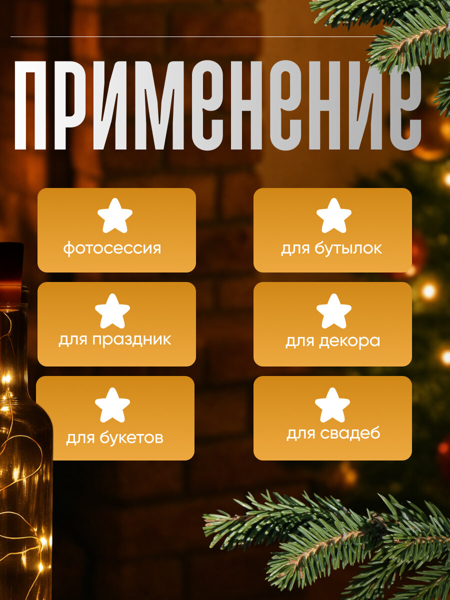Гирлянда «Нить» 1 м роса с пробкой, IP20, серебристая, 10 LED, батарейки LR44х3 (в комплекте), свечение тёплое белое — фото 1