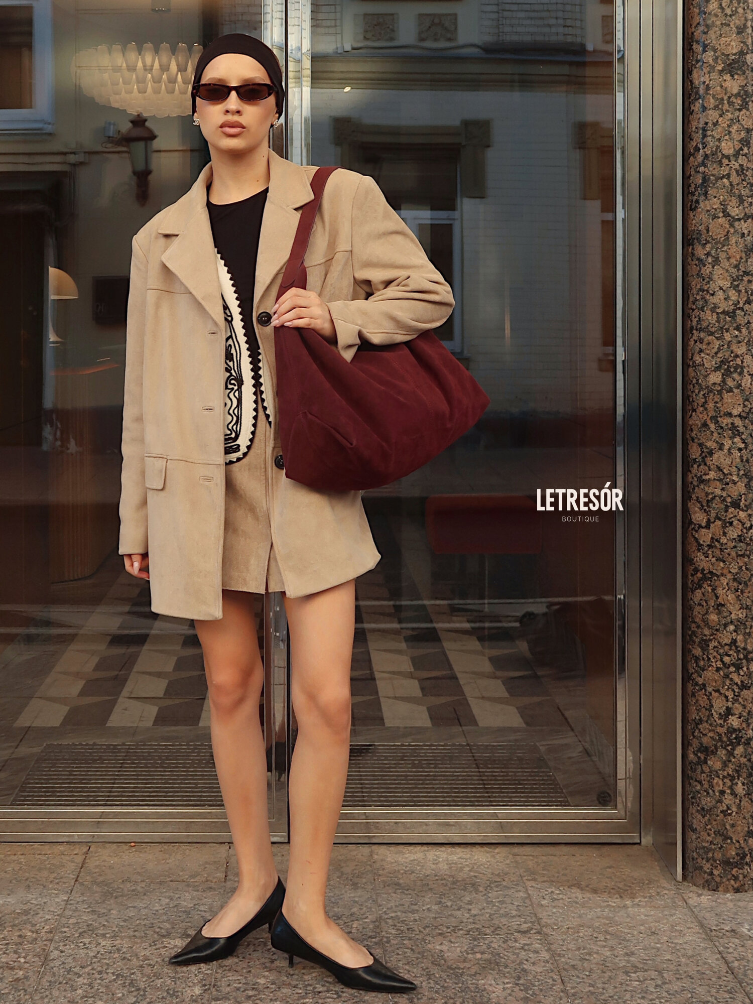 Сумка хобо LE TRESOR, фактура бархатистая, винный — фото 1