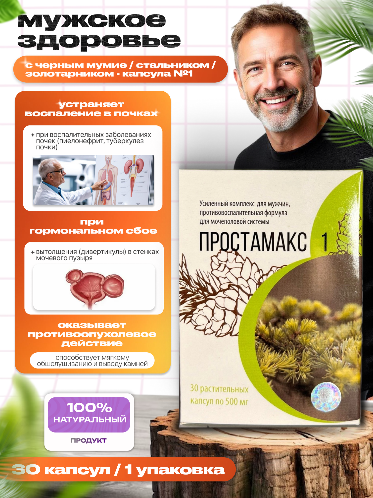 Простамакс-1 в капсулах для мужчин Сашура-Мед противовоспалительная формула для мочеполовой системы