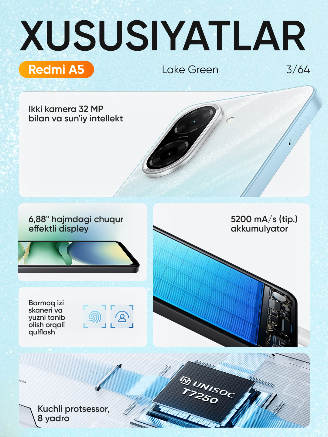 Смартфон Xiaomi Redmi A5 3/64GB, дисплей 6.88" IPS, 32mp камера, 5200 mAh, Lake Green — фото 1
