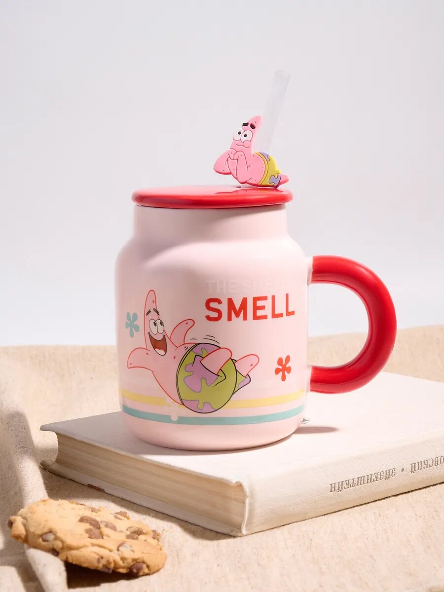 Кружка Тепло в руках "Губка Боб", с трубочкой, керамическая, красная/розовая