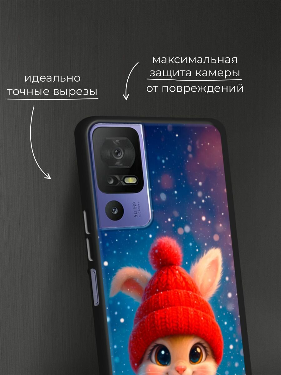 Черный матовый чехол на TCL 40 SE / ТСЛ 40 SE с принтом "Зимний зайчик" — фото 1