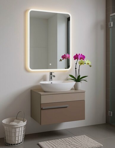 Изображение товара Мебель для ванной Вудлайн 65, розовый-бежевый, раковина Трио, зеркало Руан 60х80