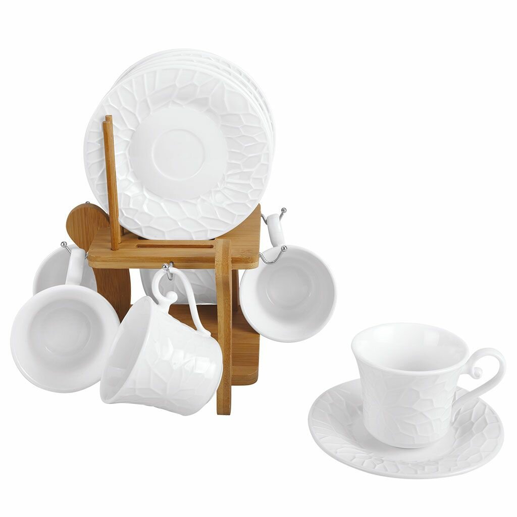 Фарфоровый кофейный набор 12 предметов на бамбуковой подставке AK1-0015