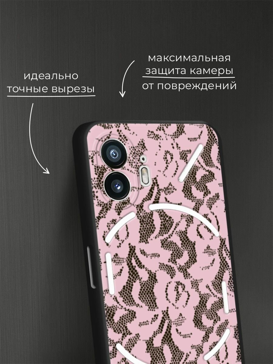 Черный матовый чехол на Nothing Phone 2 / Нафинг Фон 2 с принтом Розовые кружева цветов — фото 1