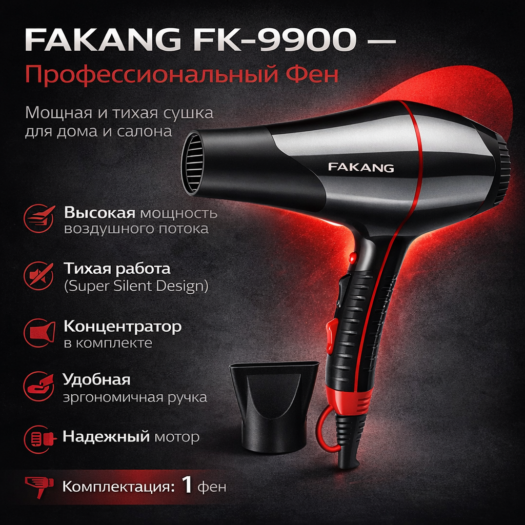 Фен FAKANG FK-9900, для сушки и укладки, мощность 2400Вт, ионизация