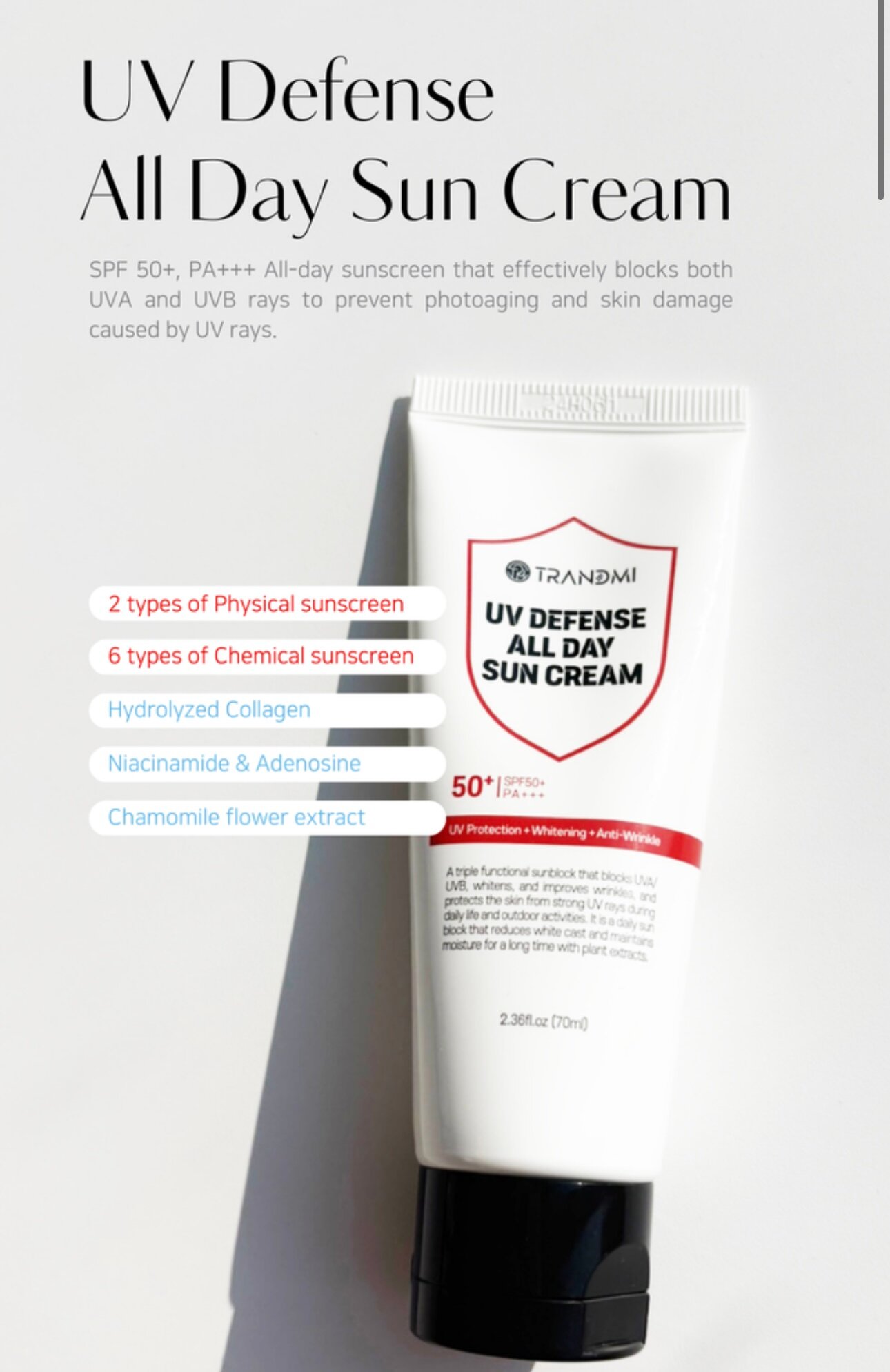 Солнцезащитный крем для лица TRANDMI All Day Sun Cream SPF 50+ PA+++, защита от UVA/UVB, для всех типов кожи, 70 мл