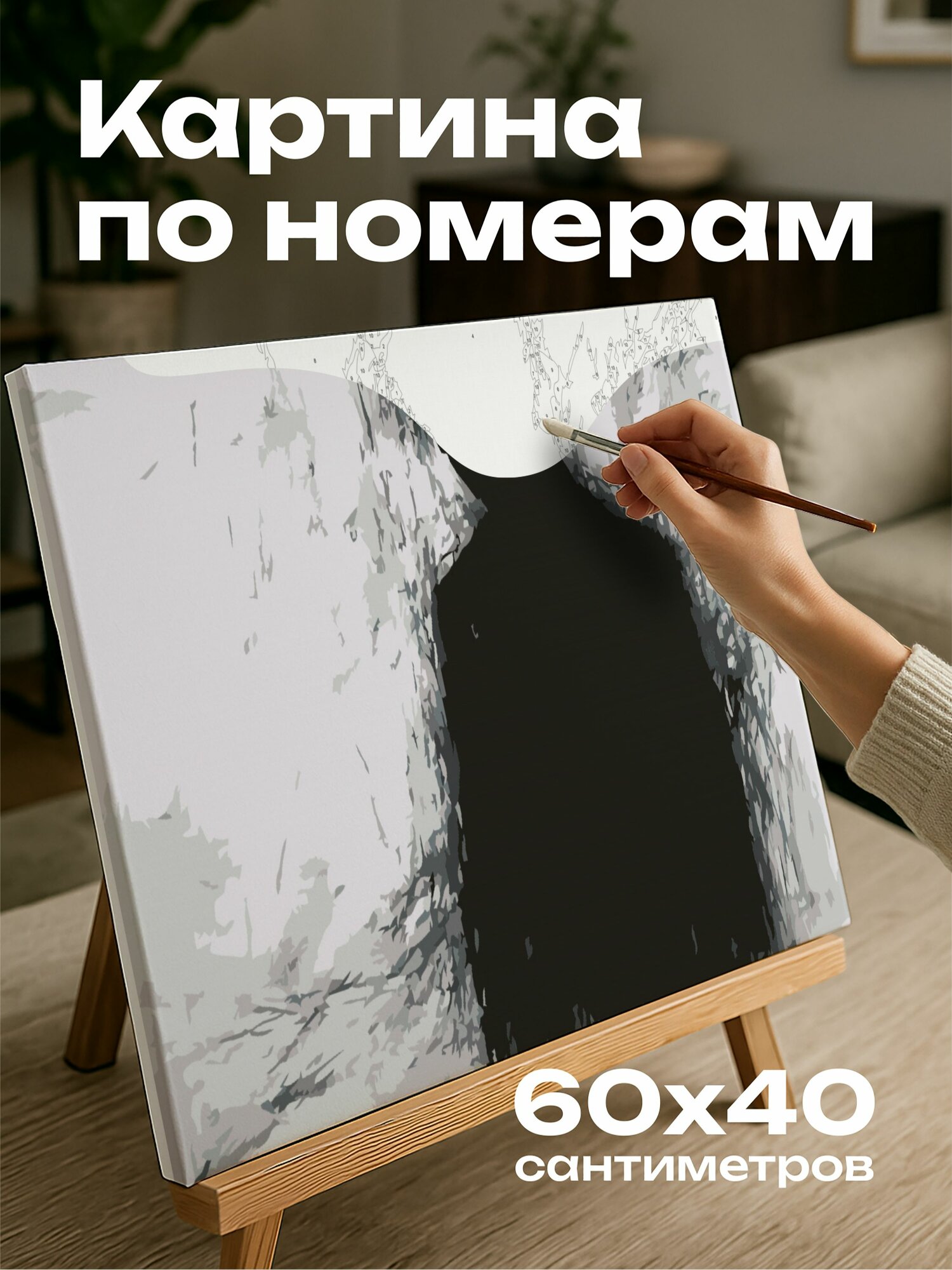 Картина по номерам 60x40 см, уголь, силуэт, свет, тень, глубина, таинственность, текстура, материал, рисунок, пропорции