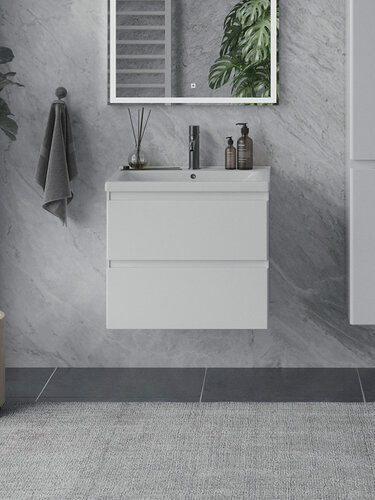 Изображение товара Тумба подвесная SanStar Riana 60 с раковиной Миранда 60 (комплект) для ванной комнаты, белая