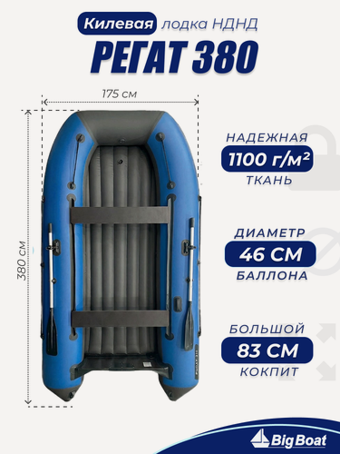 Изображение товара Надувная, под мотор, килевая лодка из ПВХ для рыбалки Regat (Регат) 380 НДНД