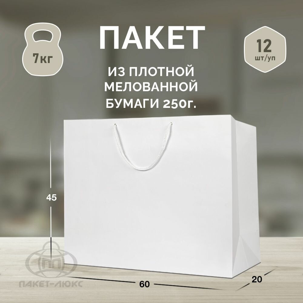 Пакет бумажный подарочный, упаковка 12 штук, размер 60*45*20 см, ламинированный, белый, матовый, плотный