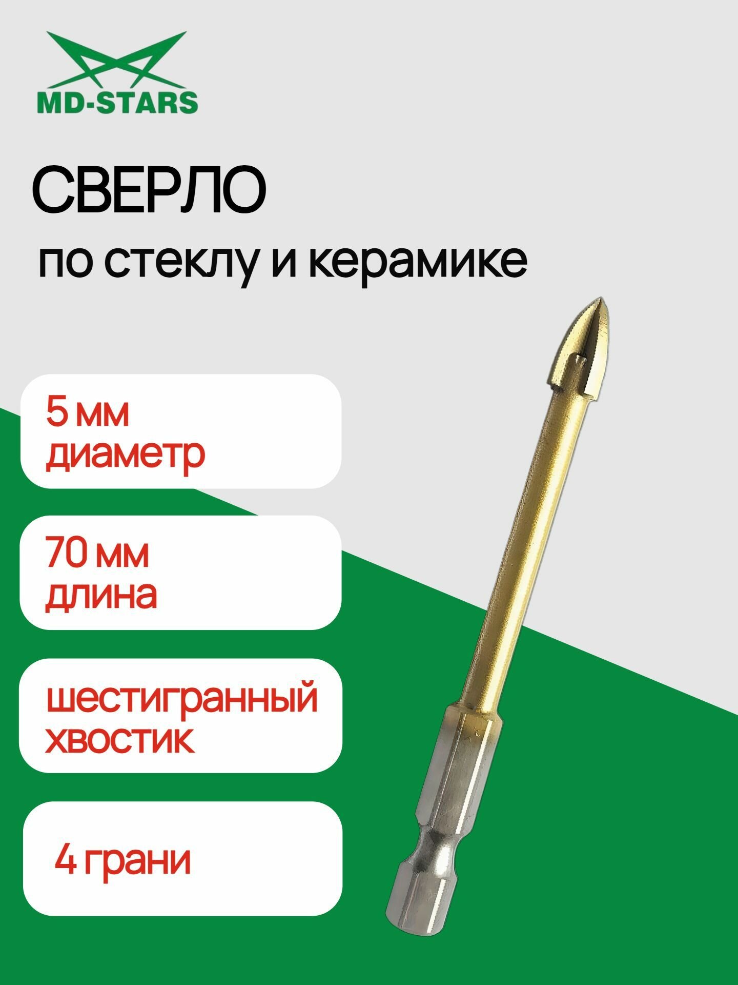 Сверло по стеклу и керамике с титановым покрытием 4 грани шестигранный хвостовик 5х70мм
