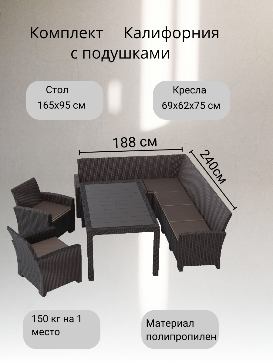 Комплект мебели с угловым диваном Калифорния “California“ 240х188 см 6 мест  2 кресла с подушками со столом 165х95 см