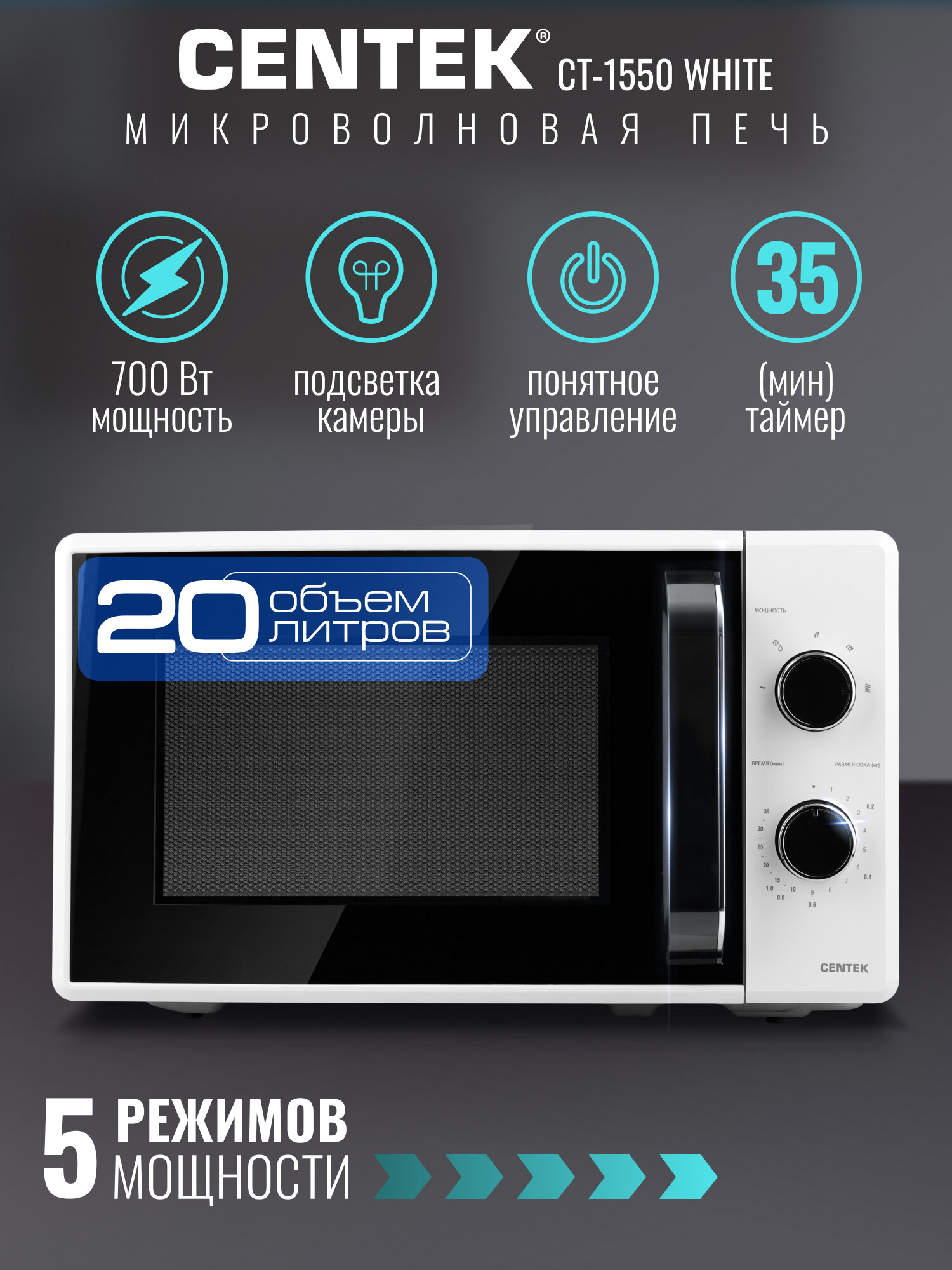 Микроволновая печь CENTEK CT-1550 White: 700Вт 20л 5 уровней мощности/микроволновка СВЧ