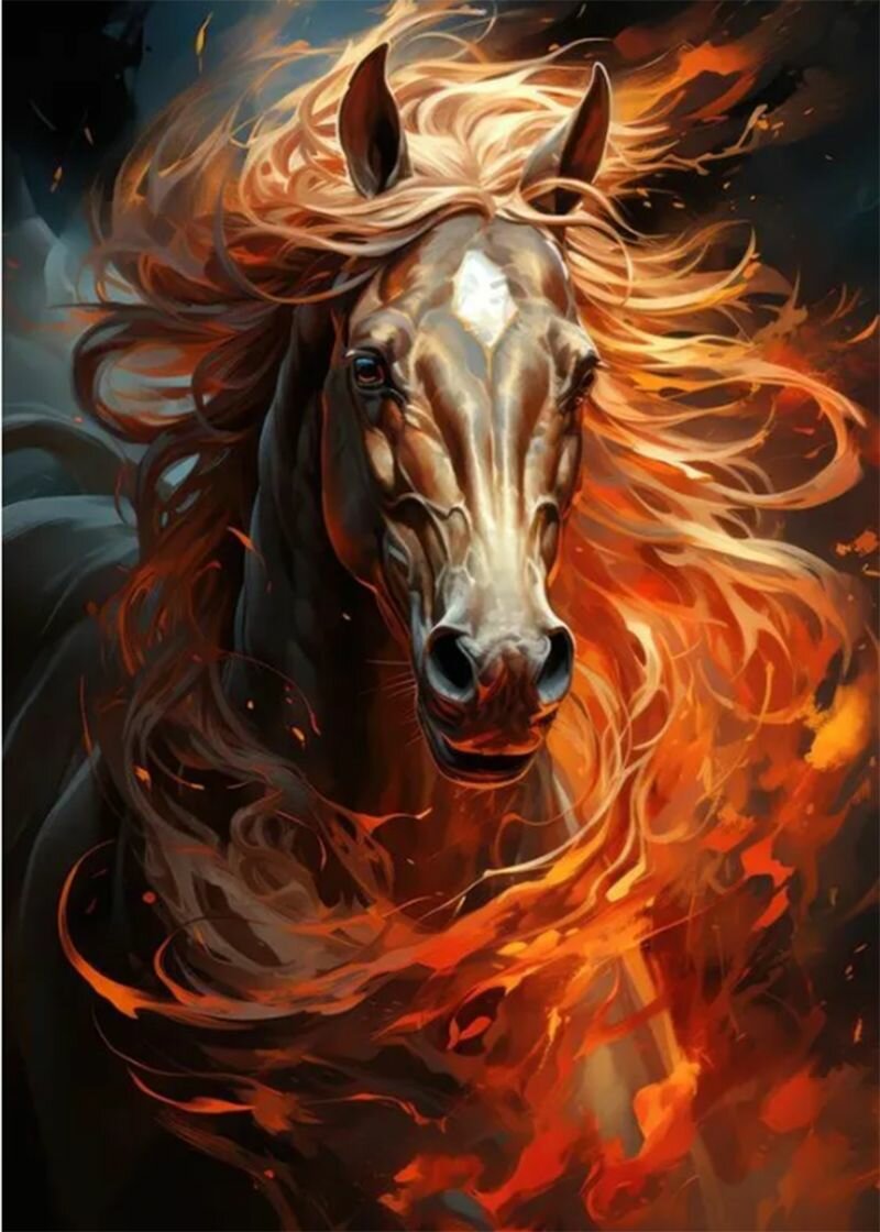 Безрамочная алмазная мозаика размером 30 на 40 сантиметров с изображениемного коня.