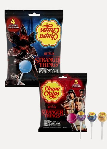 Изображение товара Chupa chups Stranger Things flavours / Чупа-чупс Очень странные дела 5 вкуса и 4 вкуса, 120 гр х 2 шт