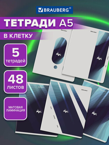 Изображение товара Тетрадь А5 в клетку 48 листов для записей в школу и офис, набор 5 штук, матовая обложка, Brauberg Endless, 404952