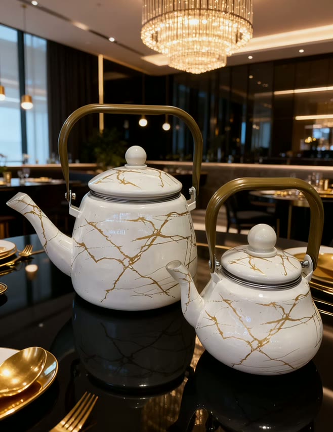 Набор эмалированных чайников, в подарочной упаковке, белого цвета — фото 1