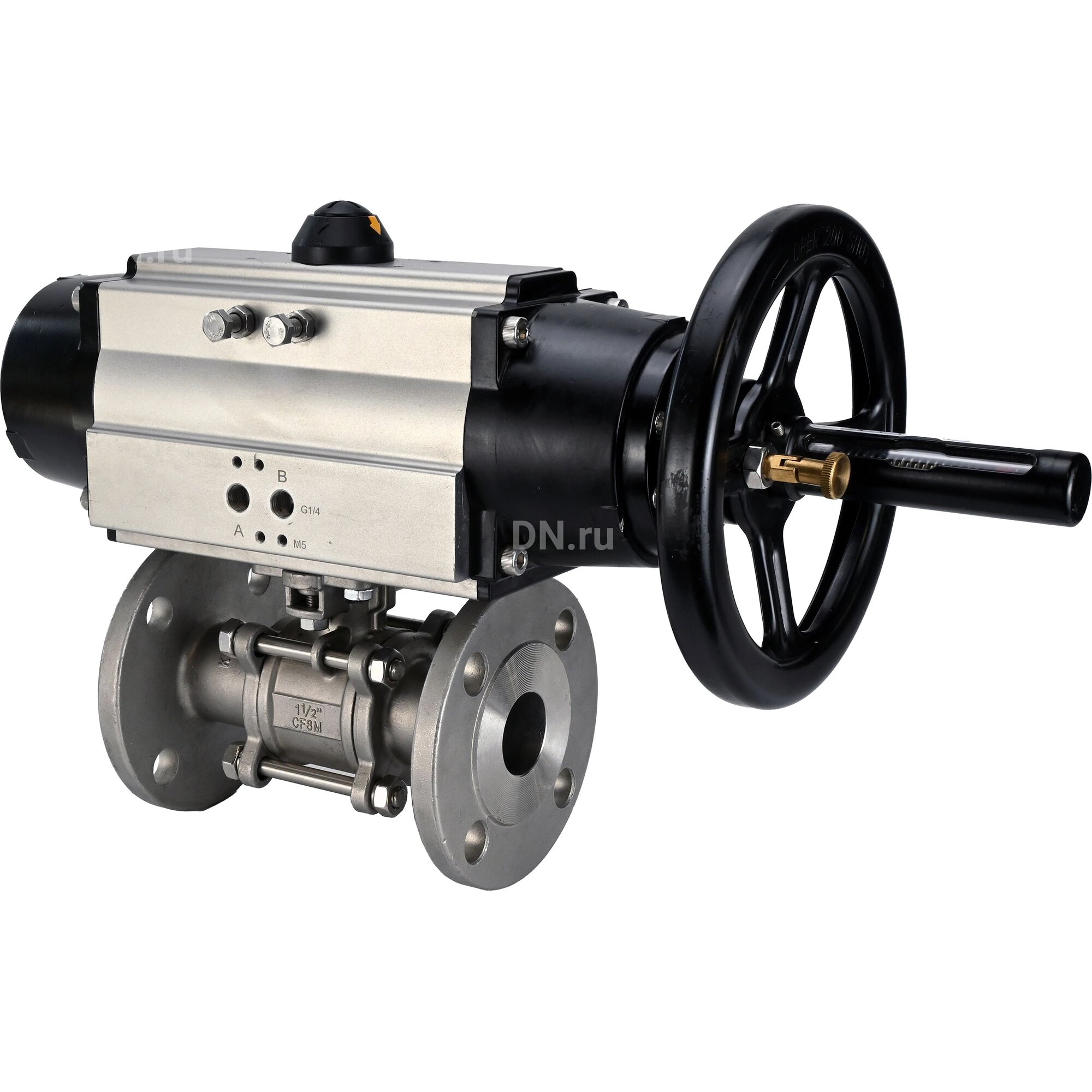 Кран шаровой DN.ru кшфпт 316.180 Ду65 Ру25 трехсоставной полнопроходной фланцевый, корпус - нержавеющая сталь SS316, уплотнение - PTFE, с пневмоприводом DN. ru PA-DA-105-1