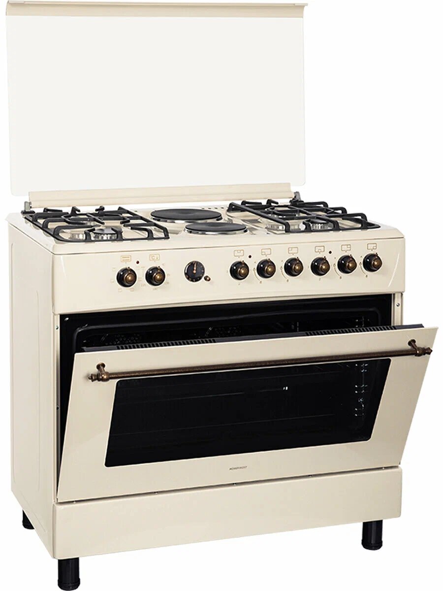 Ferre > полноразмерная газо‑электрическая плита Дизайн: Ретро‑стиль с кремовым корпусом и ручками золотистого цвета.