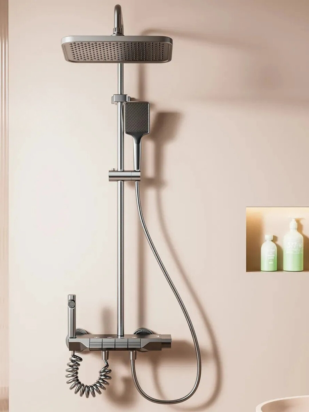 Душевая система с термостатом, тропический душ, ручная лейка и излив, Серый матовый - Серый