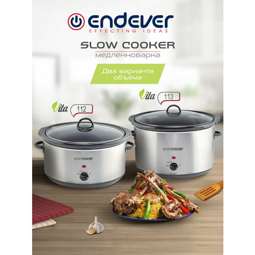 Медленноварка с эффектом русской печи ENDEVER VITA-113, керамическая чаша на 8 литров, 380 Вт, корпус из нержавеющей стали