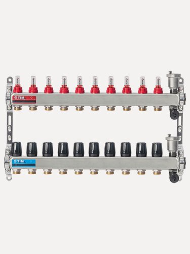 Изображение товара Коллекторная группа 10 контуров с расходомерами 1" * 3/4" E, с дренажными кранами и воздухоотводчиками нерж. сталь, TIM, KCS5010
