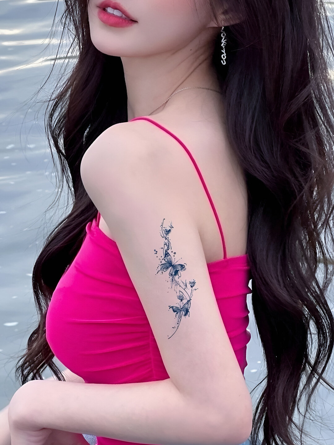 Татуировка временная Aquarelle "Бабочки и цветы", синий цвет