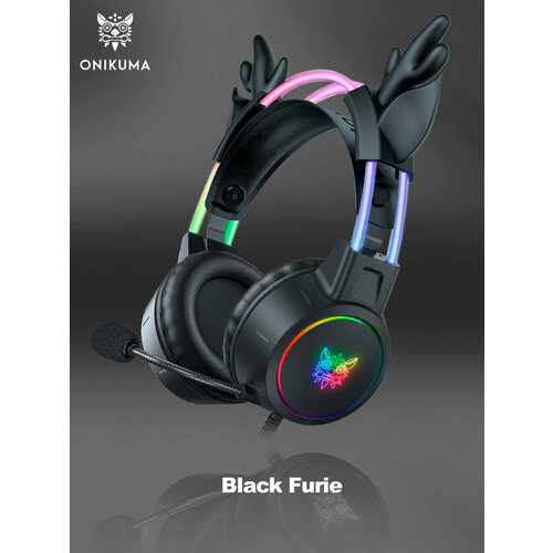 фото Игровые наушники onikuma x15 pro black furie черные с оленьими ушками и подсветкой