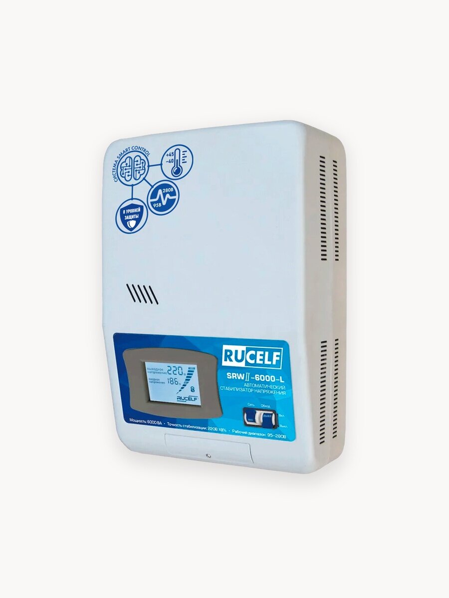 Стабилизатор напряжения RUCELF SRWII-6000-L, релейный настенный 5кВт белый