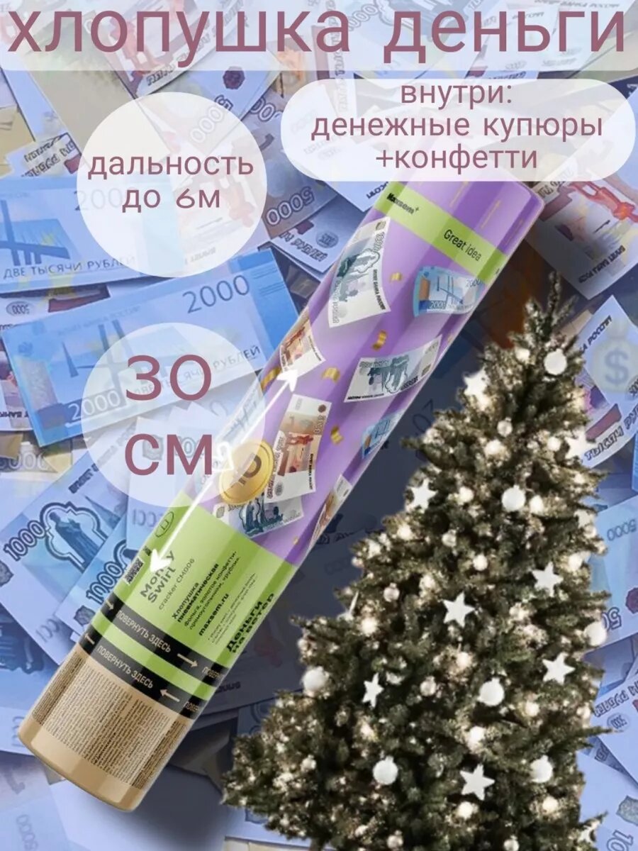 Хлопушка на праздник 30 см с деньгами рубли