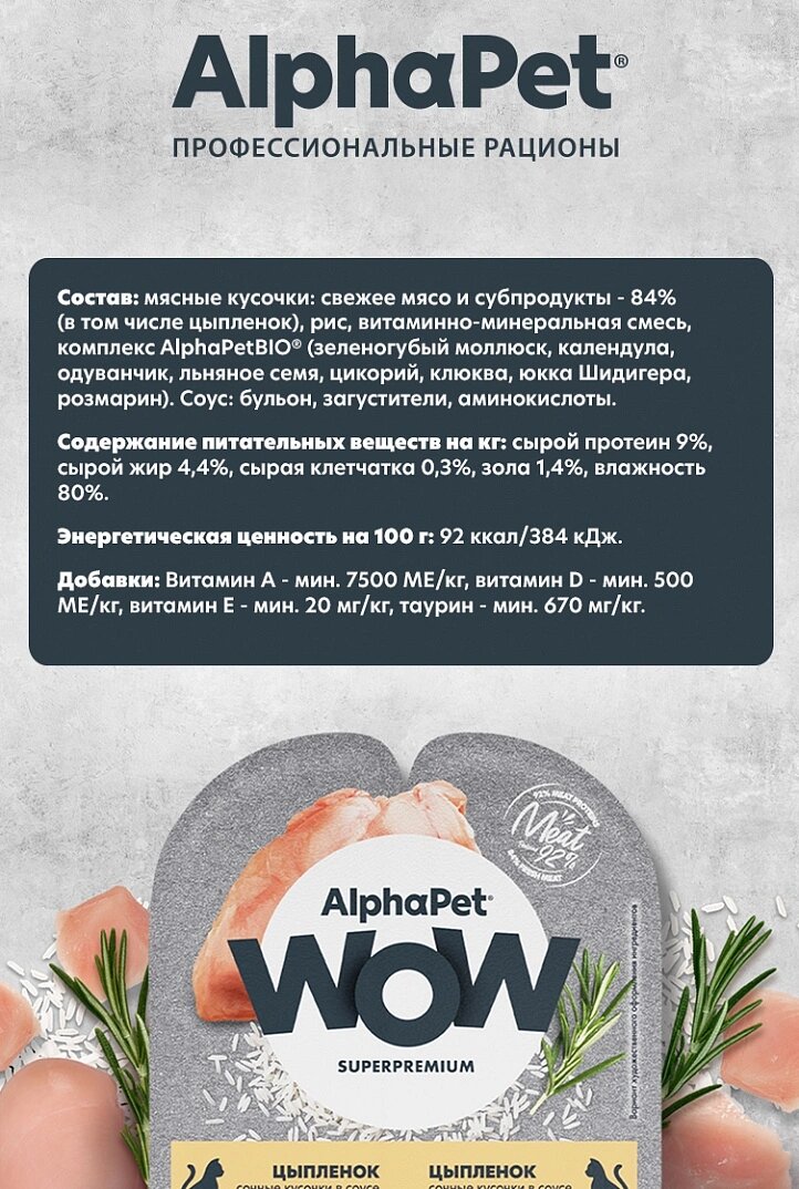 Влажный корм AlphaPet WOW пауч для кошек (кусочки в соусе) Цыпленок, 80 г х 15 шт. — фото 1