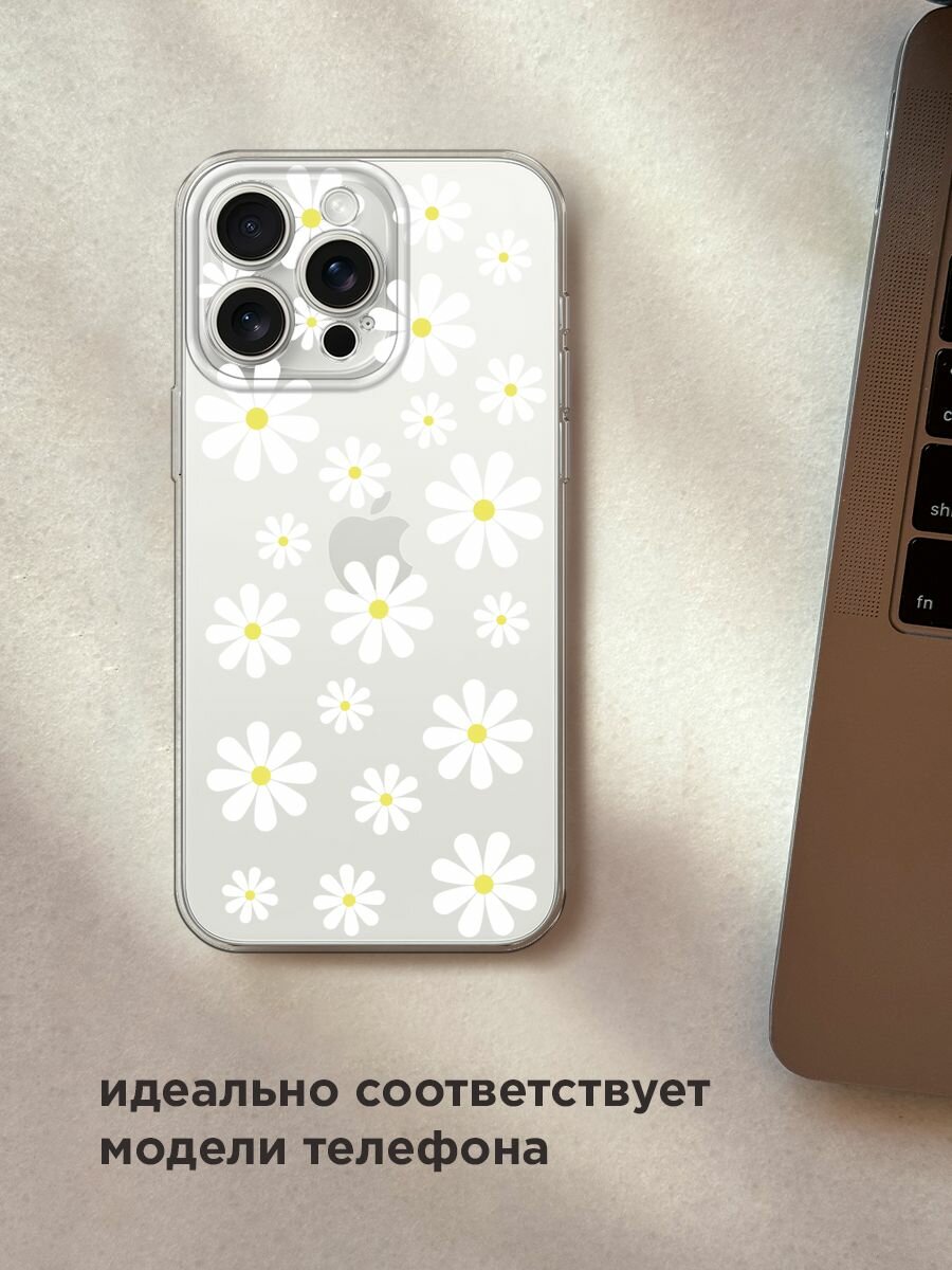 Чехол на Apple iPhone 15 Pro Max / Айфон 15 Про Макс с принтом "Большие ромашки", прозрачный — фото 1