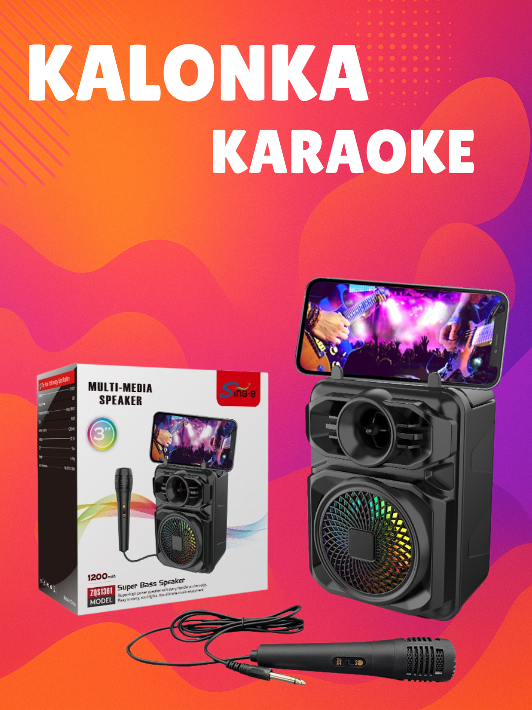 Портативная колонка-микрофон для караоке, Беспроводная Bluetooth-колонка, LED, картой памяти, AUX