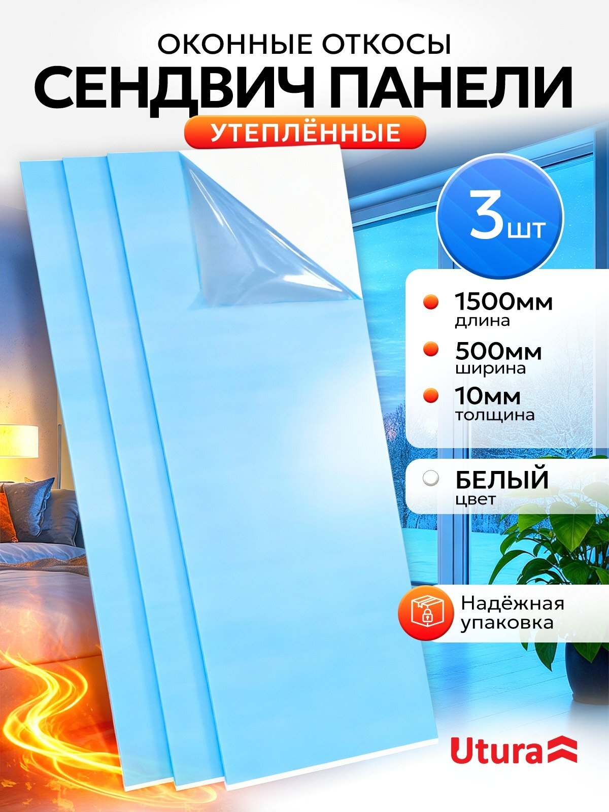 Откос оконный (Сендвич панель утепленная) для отделки пластиковых окон 3 штуки ПВХ 500х1500 мм