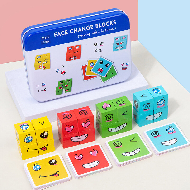 Головоломка Face Changing Cube с 64 уникальными картами и 16 блоками по 2.5 см в металлической коробке большого размера