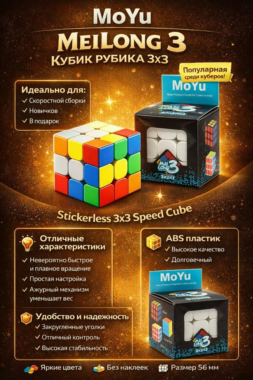 Кубик Рубика MoYu MeiLong 3, без наклеек, ABS-пластик, 56x56x56мм