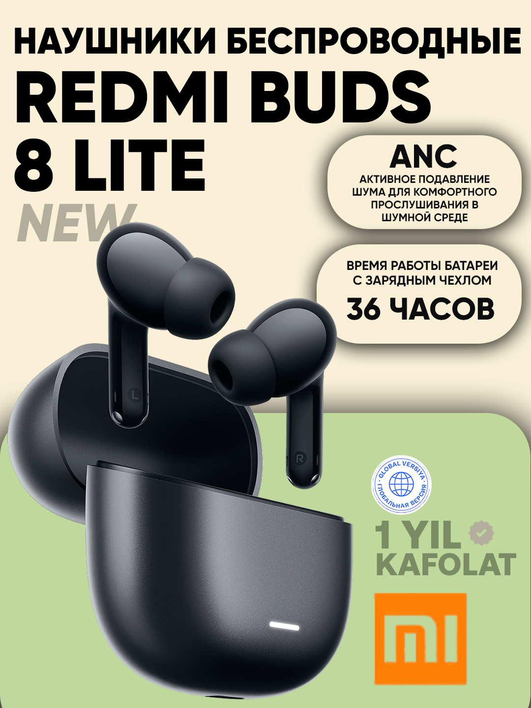 Наушники Redmi Buds 8 Lite черные , беспроводные, шумоподавление, сенсорные , Совместимость с Android и c iOS
