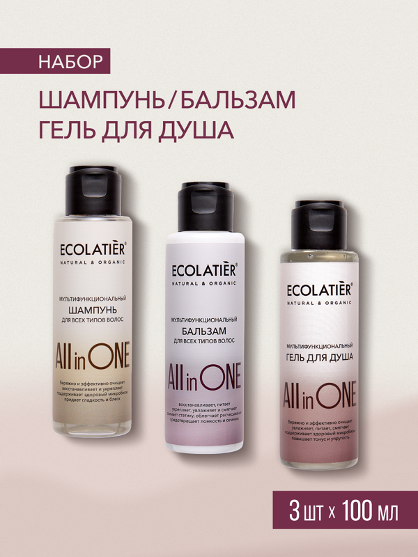 Набор дорожный подарочный 3 в 1 ECOLATIER ALL IN ONE Шампунь для волос, Бальзам для волос, Гель для душа, 3шт х 100мл