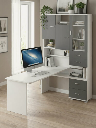 Изображение товара Стол компьютерный Мэрдэс СР-620/180 бегбе-прав Белый/Графит/Белый, с надстройкой, с ящиками, 130х180х216 см
