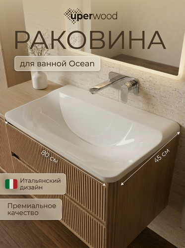 Изображение товара Раковина Uperwood Ocean, в ванную, без отверстия под смеситель, белая глянцевая, 80 см