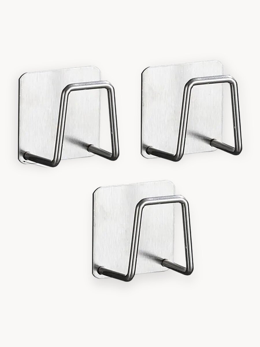 Держатель универсальный самоклеящийся для губки в раковину / Крючок металлический для кухни, ванной, Серебристый, 3 шт