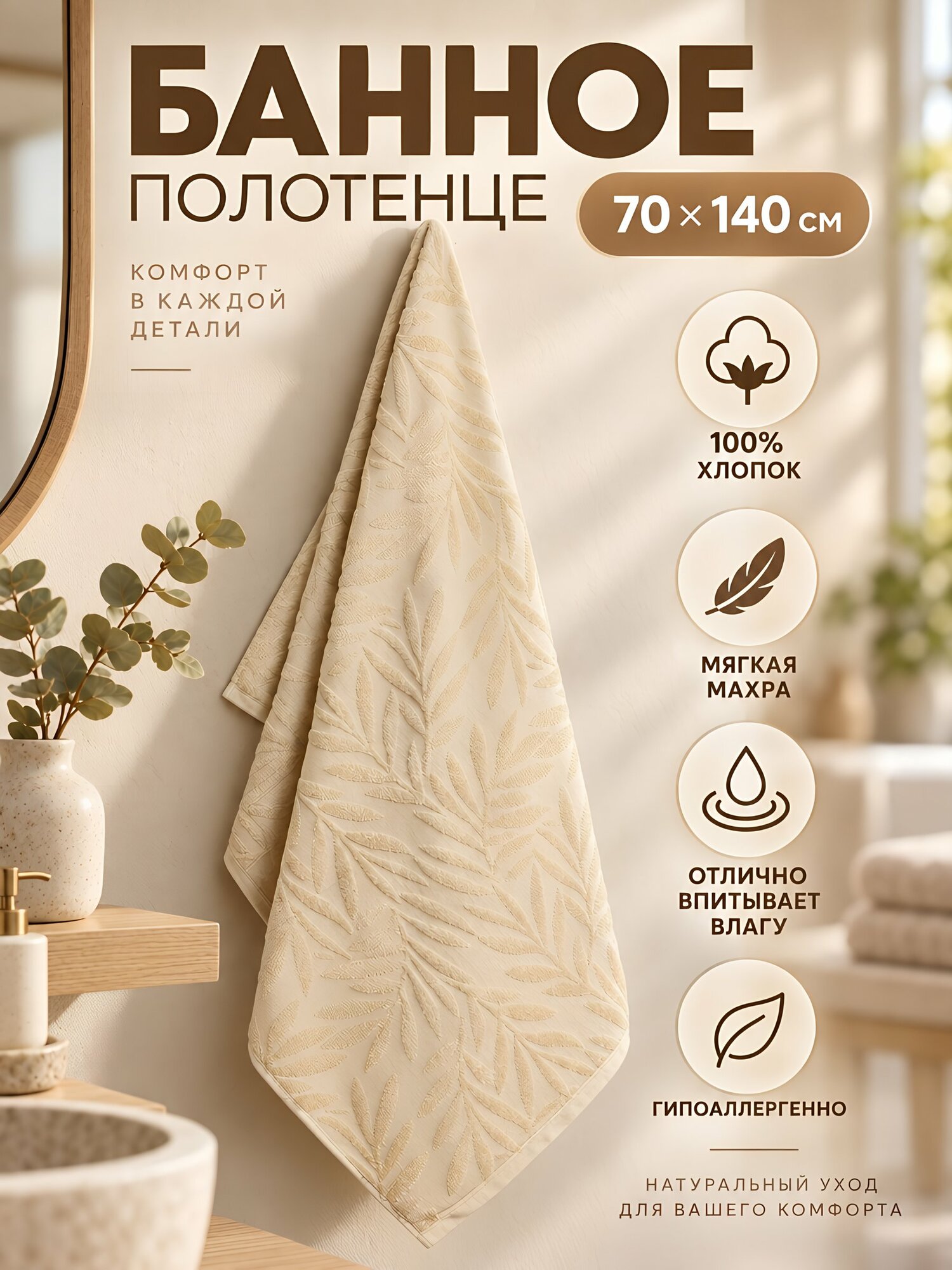 Банное полотенце Флора 70х140 см, хлопок, махровая фактура, бежевый цвет