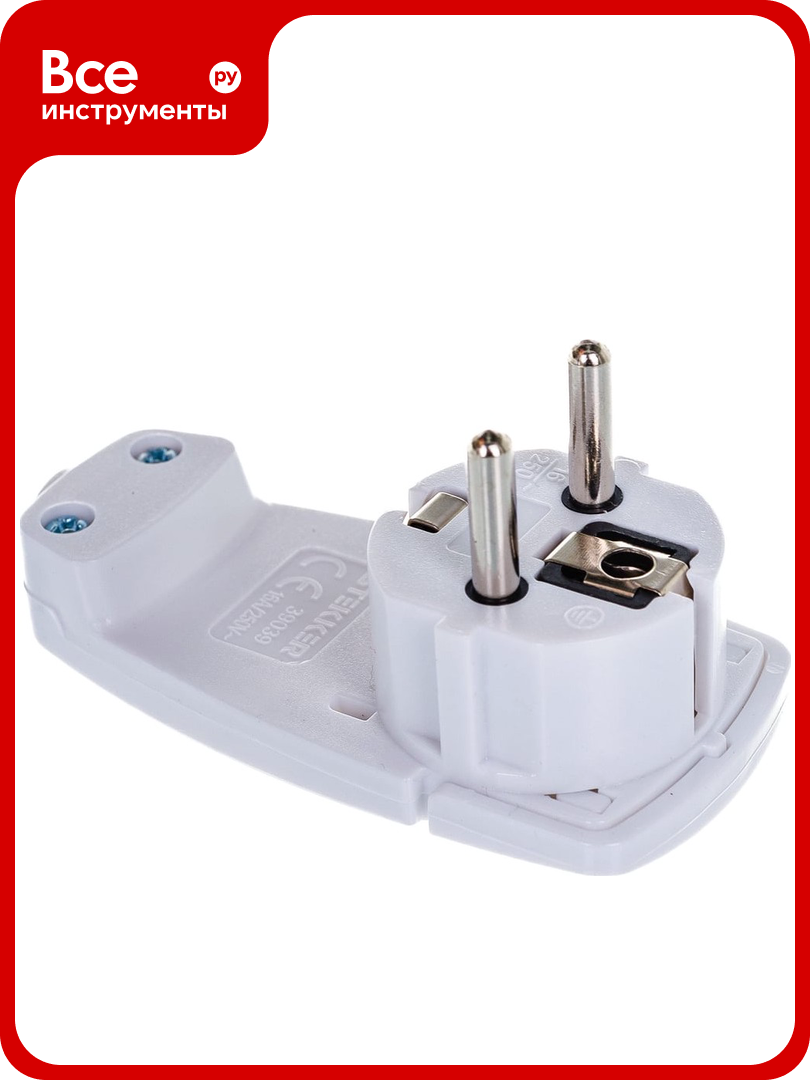 Угловая вилка STEKKER плоская с кольцом  с заземлением  250В 16A  IP20  белая  PPG16 45 202 39039
