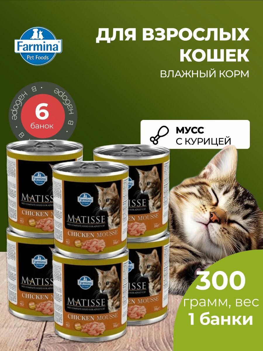 Корм консервированный для кошек Farmina Matisse, Матисс мусс для кошек с курицей, влажный корм Фармина 300 г - 6 шт