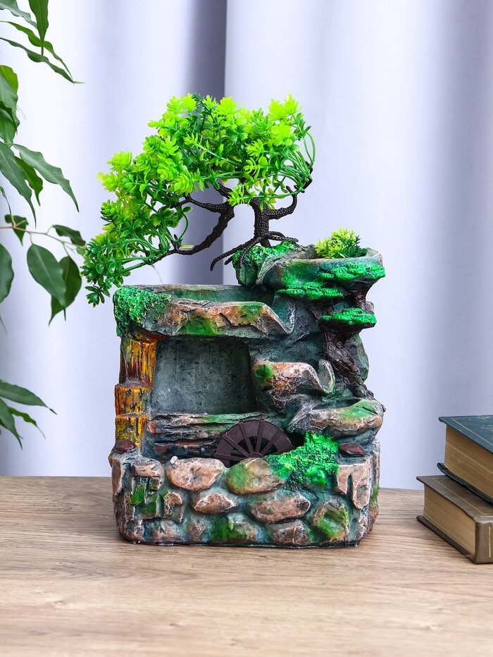 Фонтан настольный «Мельница на камнях под деревом» 12×18×29 см с подсветкой без шарика