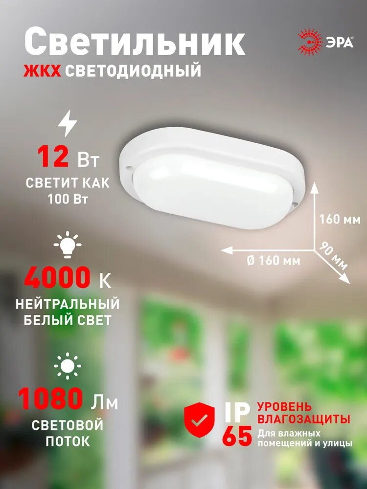 Светильник ЖКХ светодиодный ЭРА SPB-212-0-40K-012 12Вт 1080Лм 4000К IP65 160х90х37мм овал